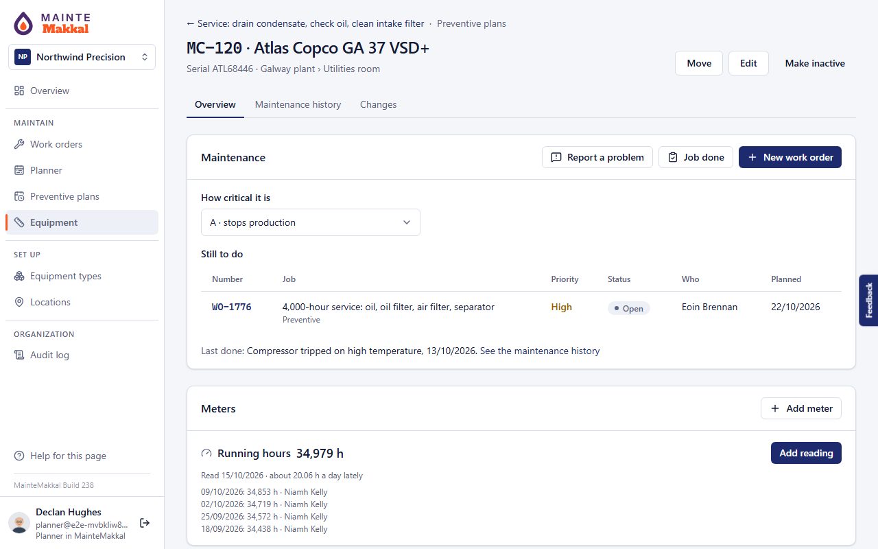 A compressor’s page: its open work, last job and running hours